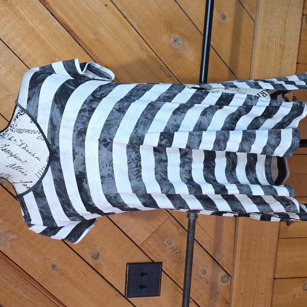 Decree Womens Black White Striped V-Neck High Low Tunic Top Side Slit Small‎